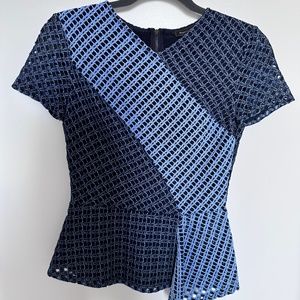 BCBGMAXAZRIA Kaleigh Lace-Blocked Peplum Top - dark navy combo